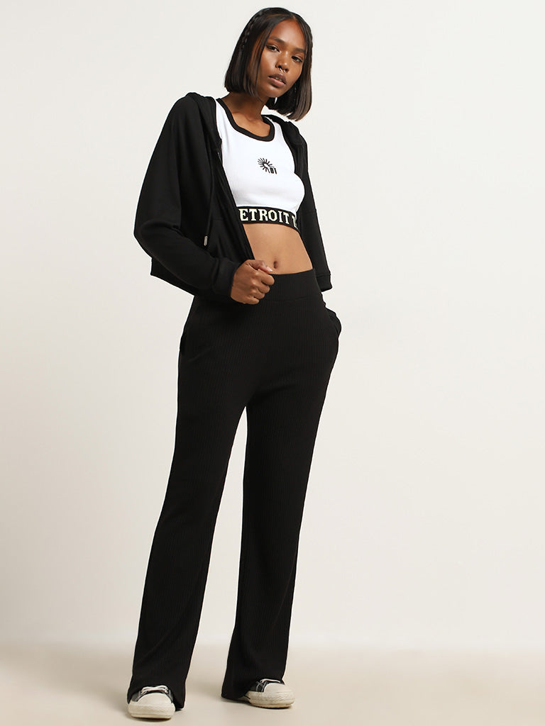 Westside Studiofit Women's White and Black Text Printed Cotton-Blend Crop Top for Sports Wear Full View