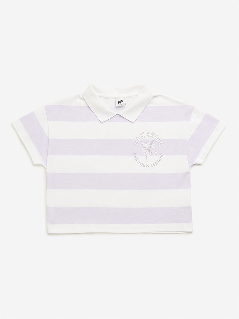 Westside Y&F Girl's Lilac Stripes Printed Polo Crop Cotton T-Shirt for Casual Wear Front View