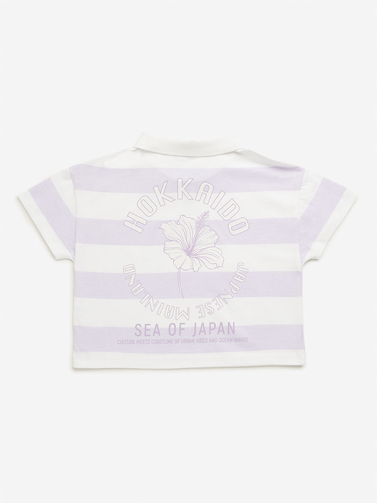 Westside Y&F Girl's Lilac Stripes Printed Polo Crop Cotton T-Shirt for Casual Wear Back View
