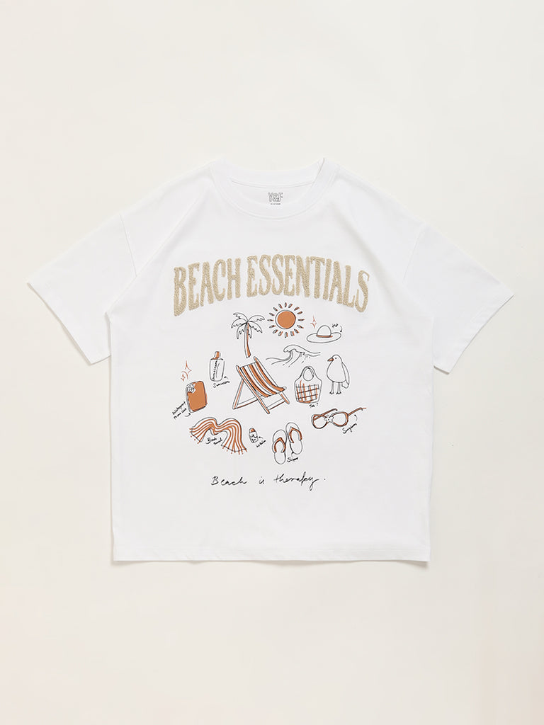 Westside Y&F Girl's White Graphic Printed Cotton T-Shirt for Casual Wear Front View