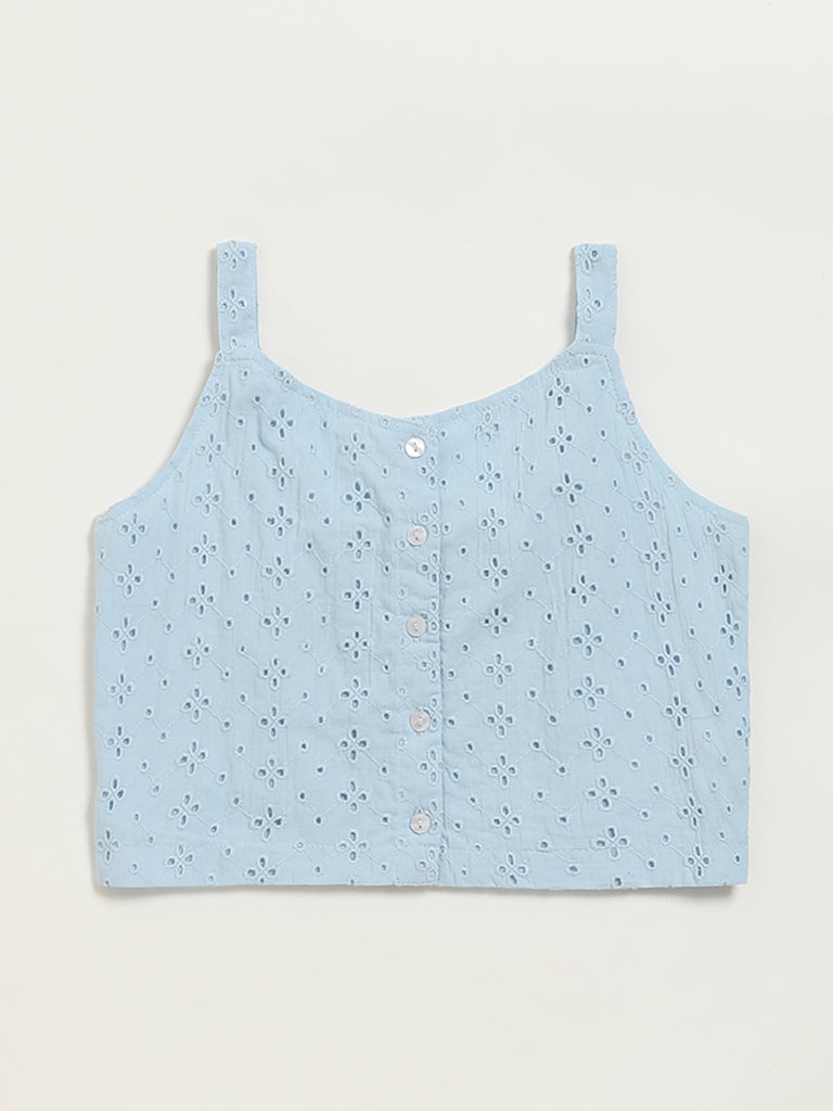 Westside Utsa Kids Blue Schiffli Design Cotton Top - (8 -14yrs) for Ethnic Wear Front View