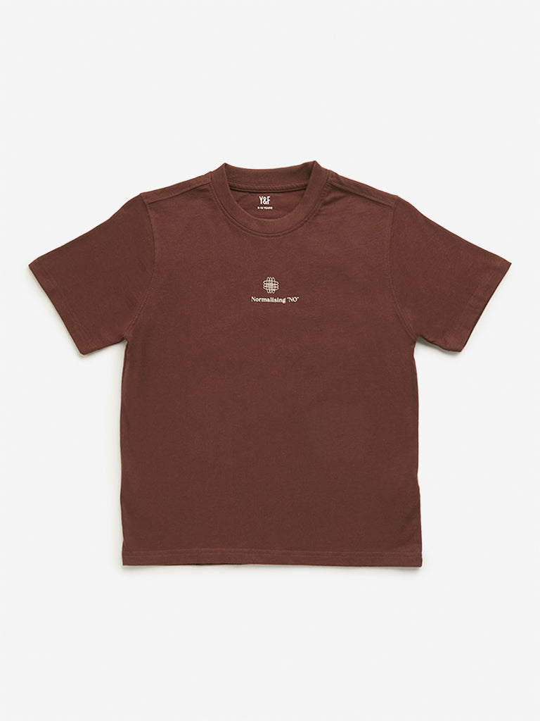 Westside Y&F Boy's Dark Brown Text Printed Cotton T-Shirt for Casual Wear Front View