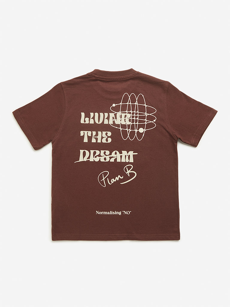 Westside Y&F Boy's Dark Brown Text Printed Cotton T-Shirt for Casual Wear Back View