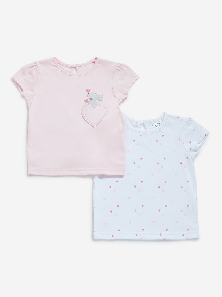 Westside HOP Baby Girl's White & Light Pink Cotton T-Shirts - Pack of 2 for Casual Wear Front View
