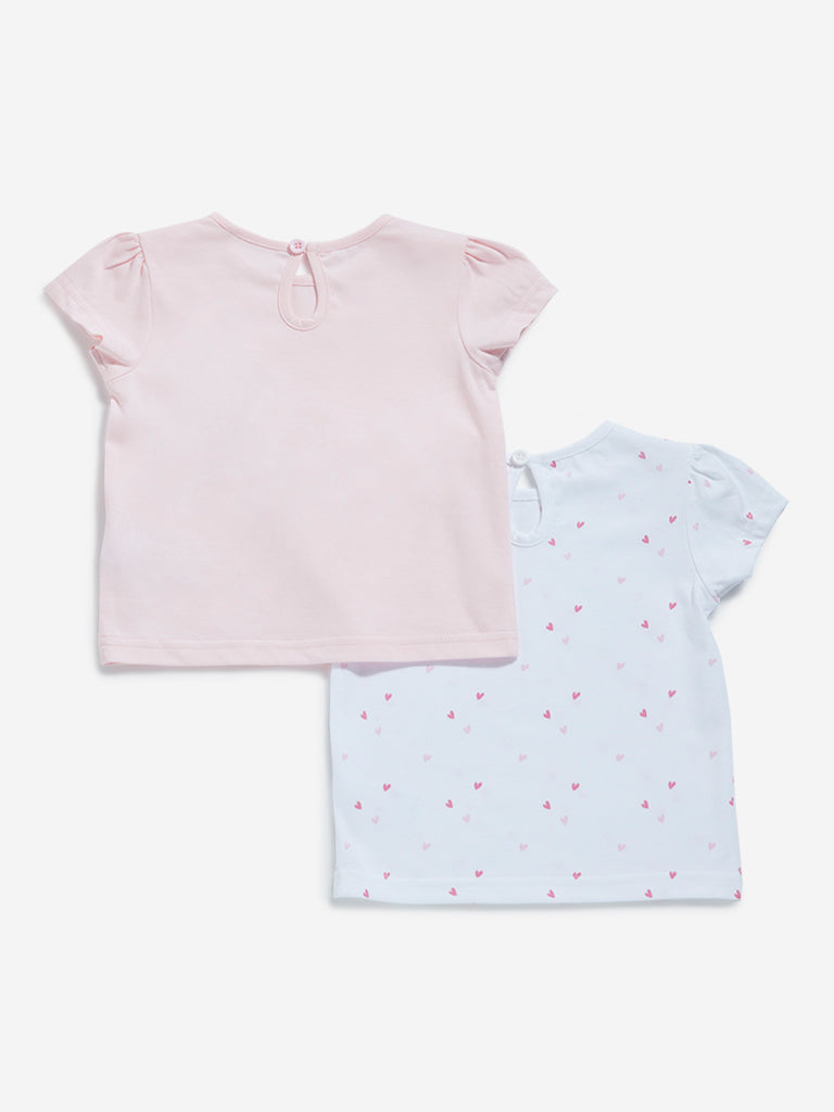 Westside HOP Baby Girl's White & Light Pink Cotton T-Shirts - Pack of 2 for Casual Wear Back View