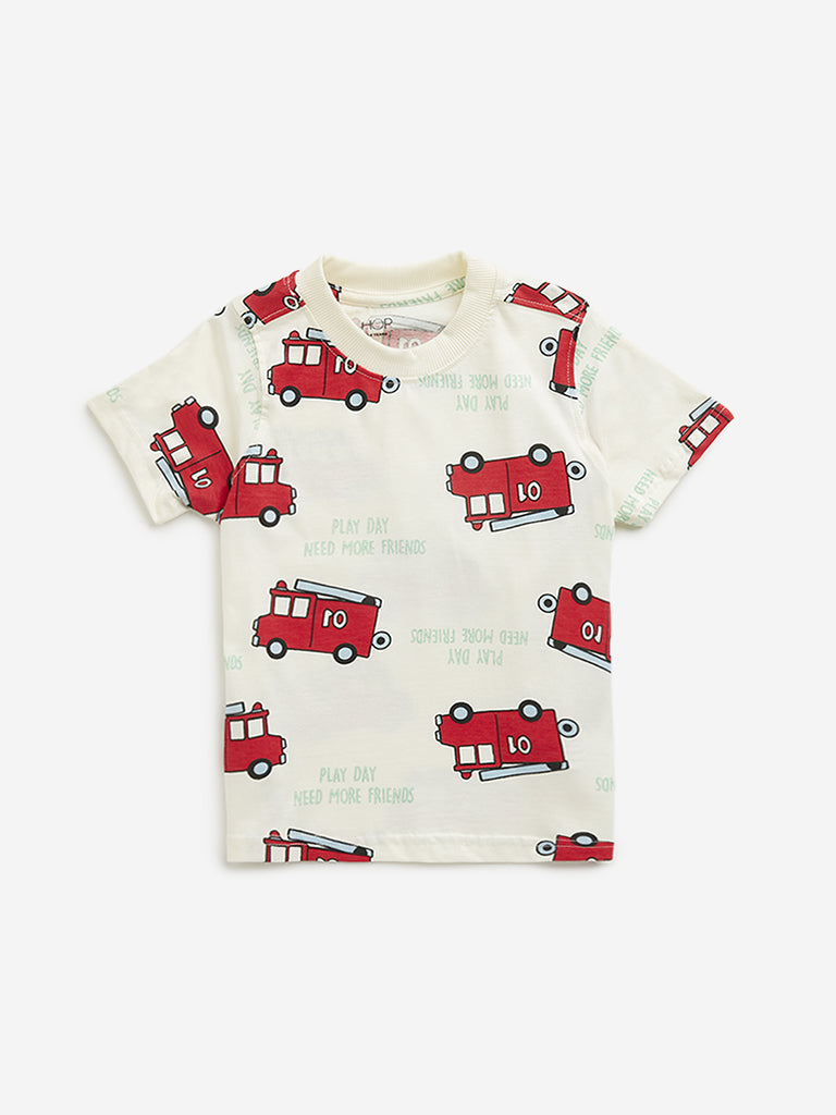 Westside HOP Kids Off-White Bus Printed Cotton T-Shirt for Casual Wear Front View