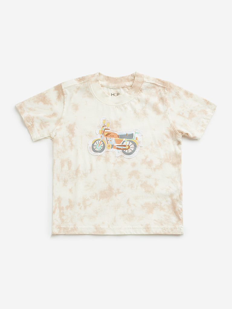 Westside HOP Kids Peach Tie-Dye Motorcycle Design Cotton T-Shirt for Casual Wear Front View