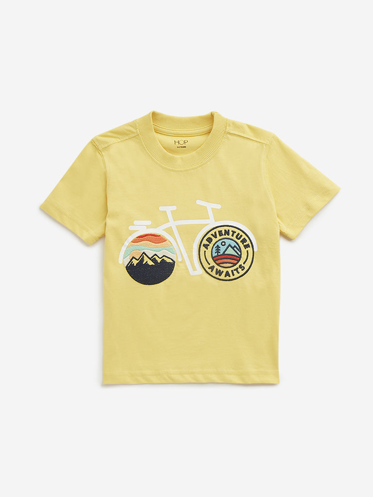 Westside HOP Kids Yellow Cycle Printed Cotton T-Shirt for Casual Wear Front View