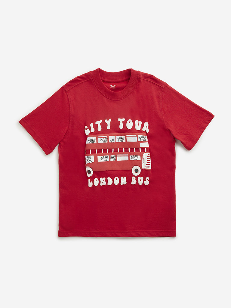 Westside HOP Kids Red Embossed Text Printed Cotton T-Shirt for Casual Wear Front View