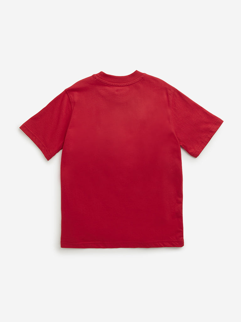 Westside HOP Kids Red Embossed Text Printed Cotton T-Shirt for Casual Wear Back View