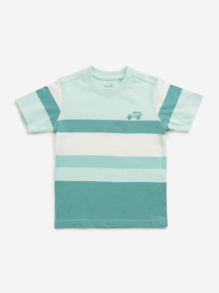 Westside HOP Kids Teal Colour-Blocked Cotton T-Shirt for Casual Wear Front View
