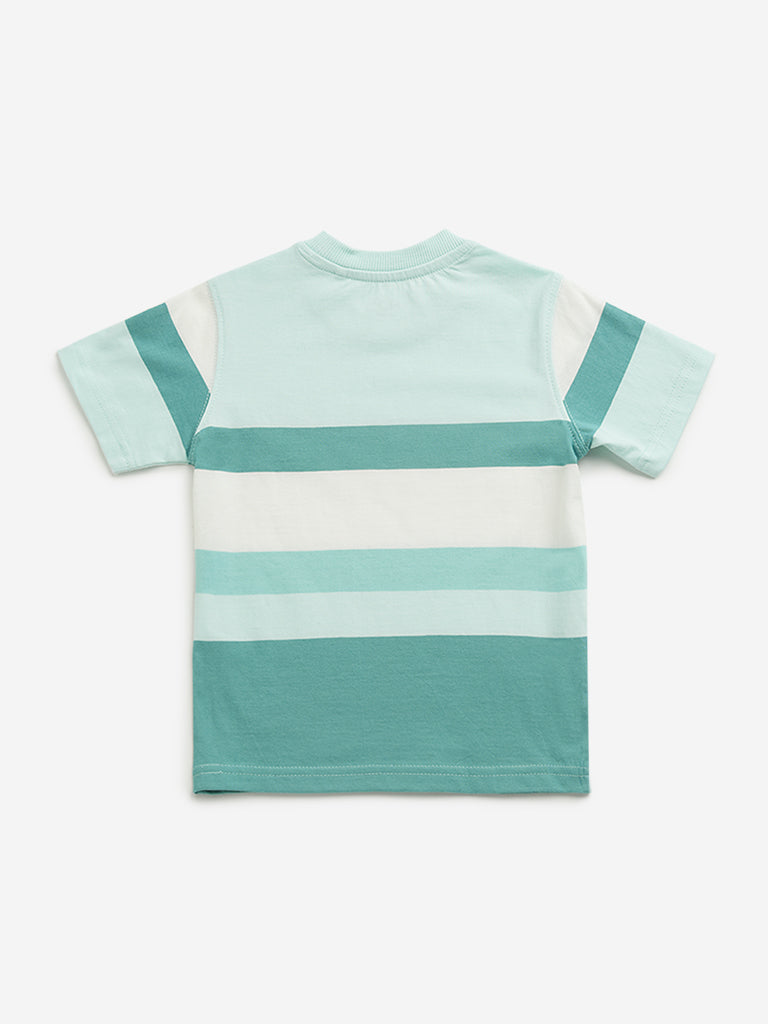 Westside HOP Kids Teal Colour-Blocked Cotton T-Shirt for Casual Wear Back View