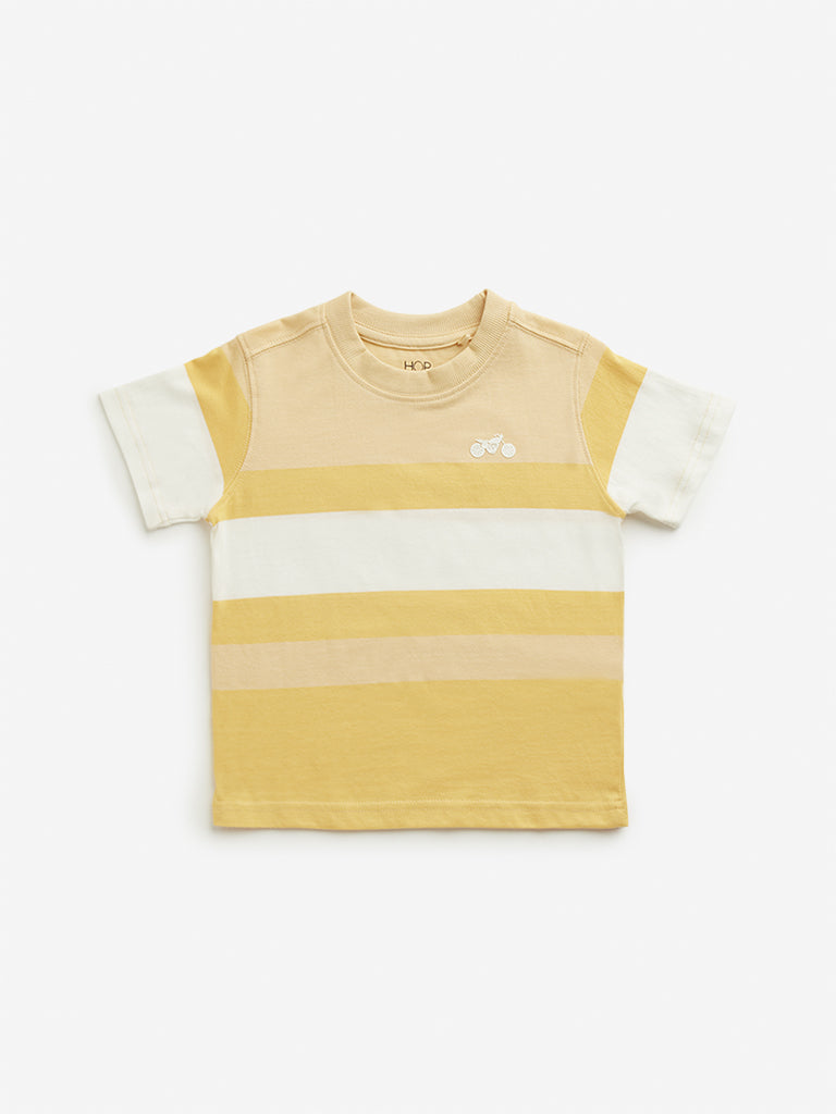 Westside HOP Kids Yellow Colour-Blocked Cotton T-Shirt for Casual Wear Front View