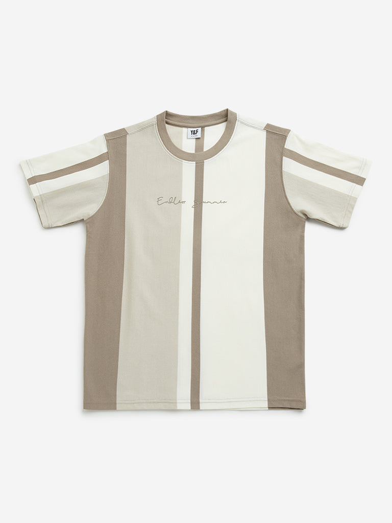 Westside Y&F Boy's Brown Colour Blocked Cotton T-Shirt for Casual Wear Front View