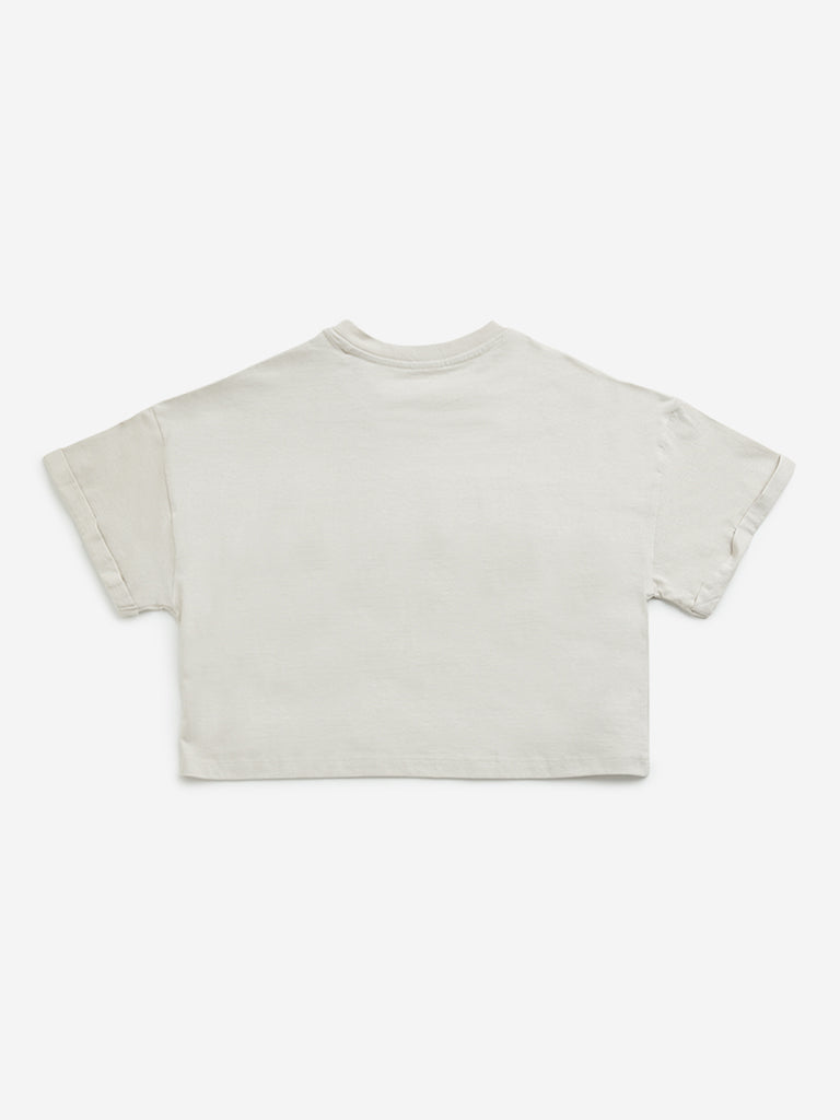 Westside Y&F Girl's Beige Text Design Cotton Crop T-Shirt for Casual Wear Back View