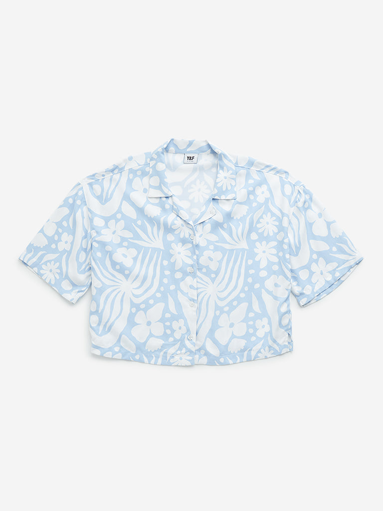 Westside Y&F Girl's Blue Floral Print Cotton Cropped Shirt for Casual Wear Front View