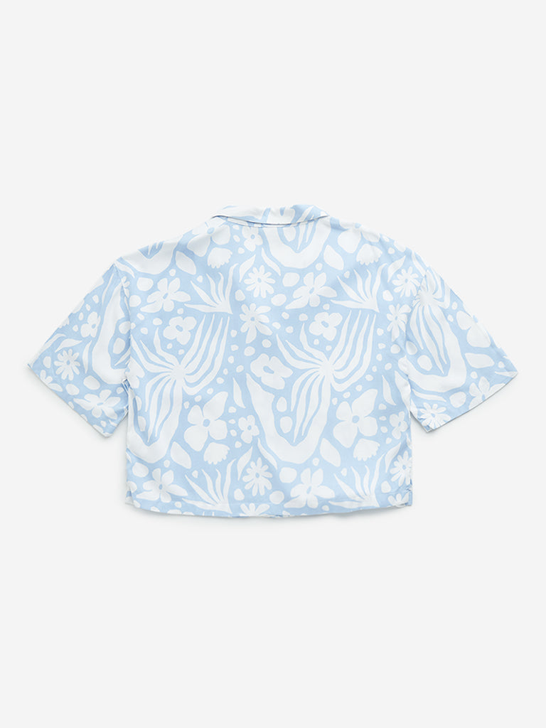 Westside Y&F Girl's Blue Floral Print Cotton Cropped Shirt for Casual Wear Back View