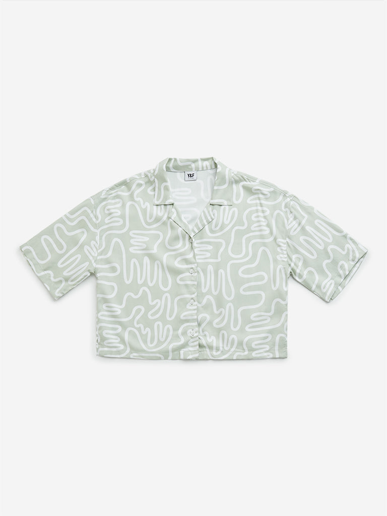 Westside Y&F Girl's Sage Abstract Print Cotton-Blend Cropped Shirt for Casual Wear Front View