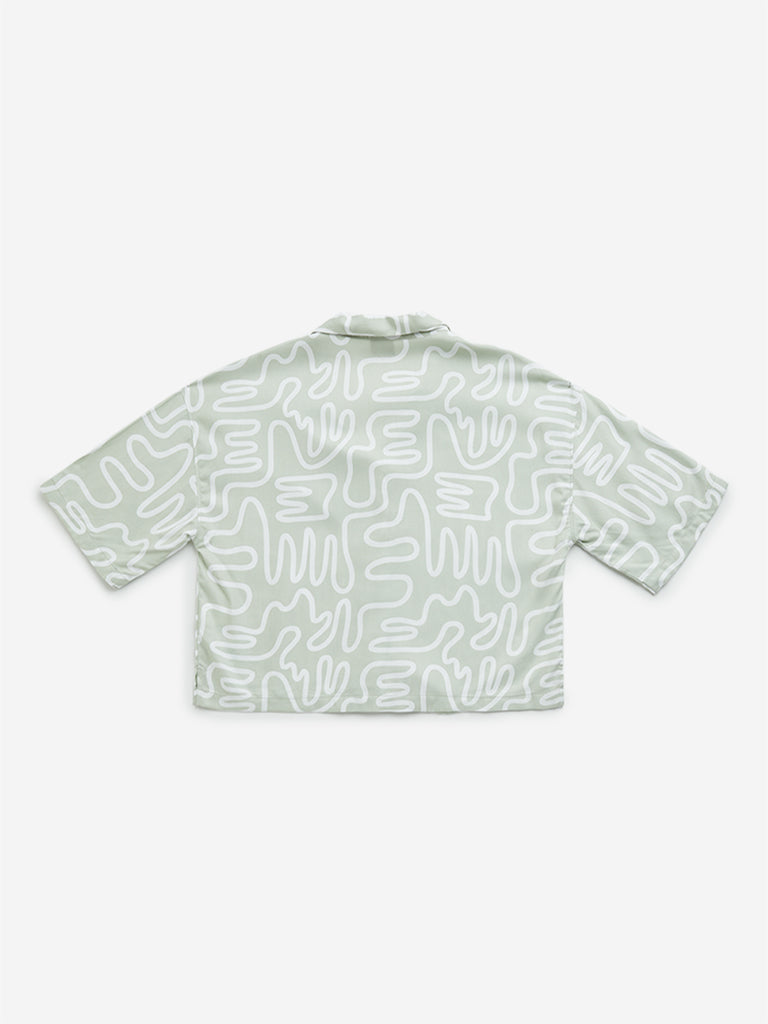 Westside Y&F Girl's Sage Abstract Print Cotton-Blend Cropped Shirt for Casual Wear Back View