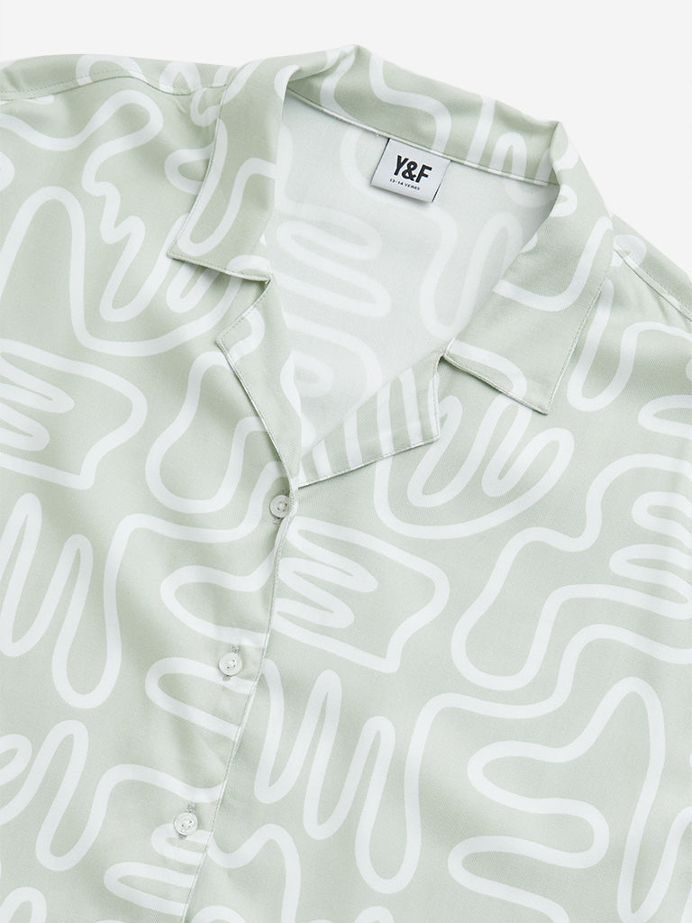 Westside Y&F Girl's Sage Abstract Print Cotton-Blend Cropped Shirt for Casual Wear Zoomed View