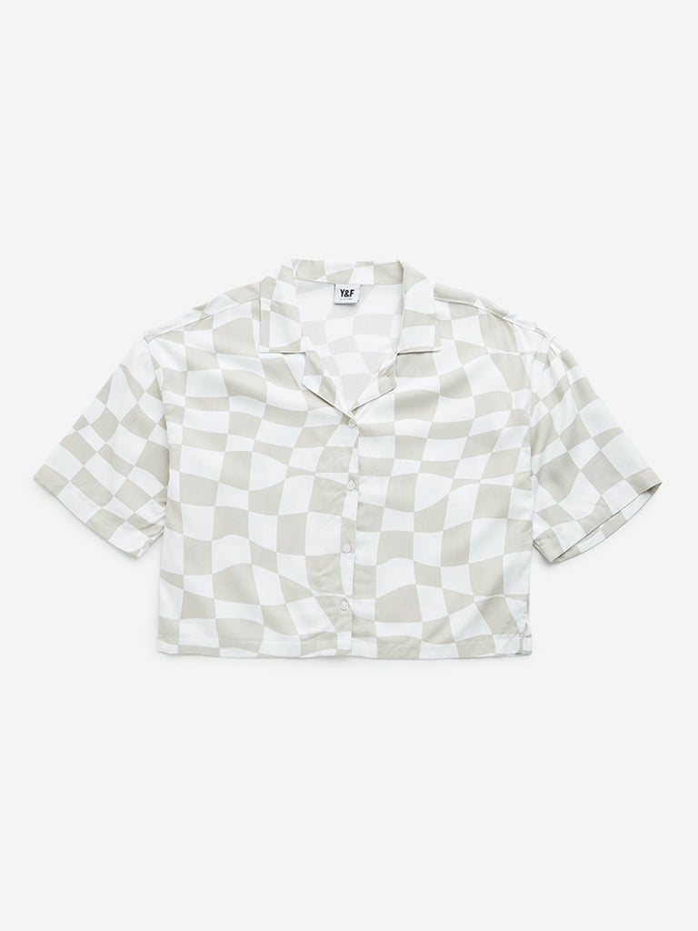 Westside Y&F Girl's Beige Checkered Print Cotton Cropped Shirt for Casual Wear Front View