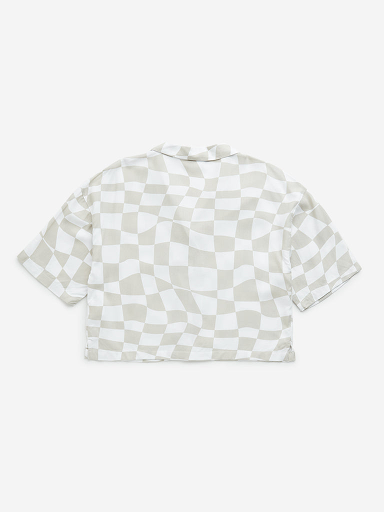 Westside Y&F Girl's Beige Checkered Print Cotton Cropped Shirt for Casual Wear Back View