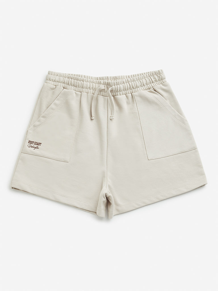 Westside Y&F Girl's Beige Mid Rise Cotton Shorts for Casual Wear Front View