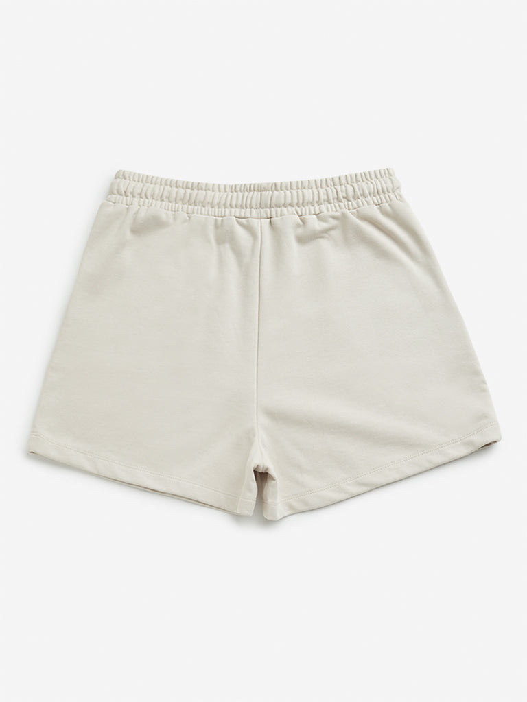 Westside Y&F Girl's Beige Mid Rise Cotton Shorts for Casual Wear Back View