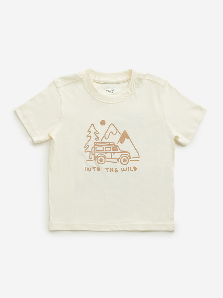 Westside HOP Kids Beige Graphic Printed Cotton T-Shirt for Casual Wear Front View