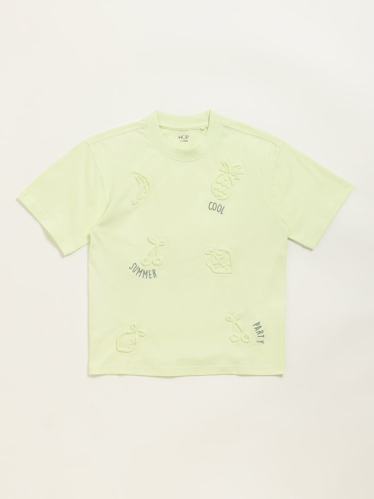 Westside HOP Kids Lime Embossed Design Cotton T-Shirt for Casual Wear Front View