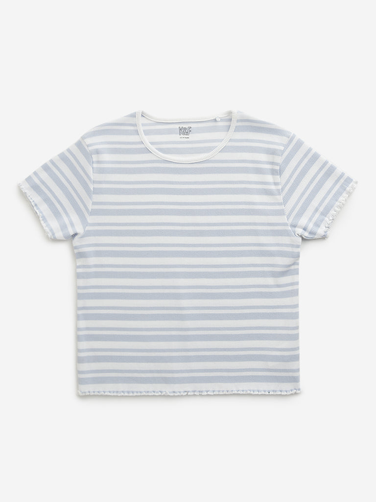 Westside Y&F Girl's Blue Stripe Printed Cotton T-Shirt for Casual Wear Front View
