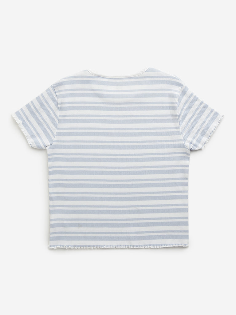 Westside Y&F Girl's Blue Stripe Printed Cotton T-Shirt for Casual Wear Back View