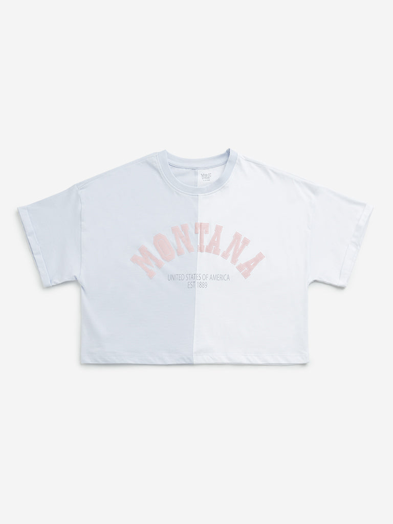 Westside Y&F Girl's Blue Text Design Cotton Crop Top for Casual Wear Front View