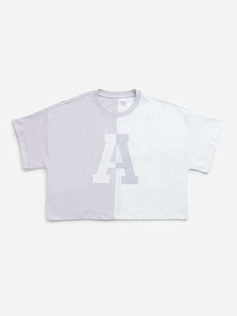 Westside Y&F Girl's Lilac and White Text Design Cotton Crop Top for Casual Wear Front View