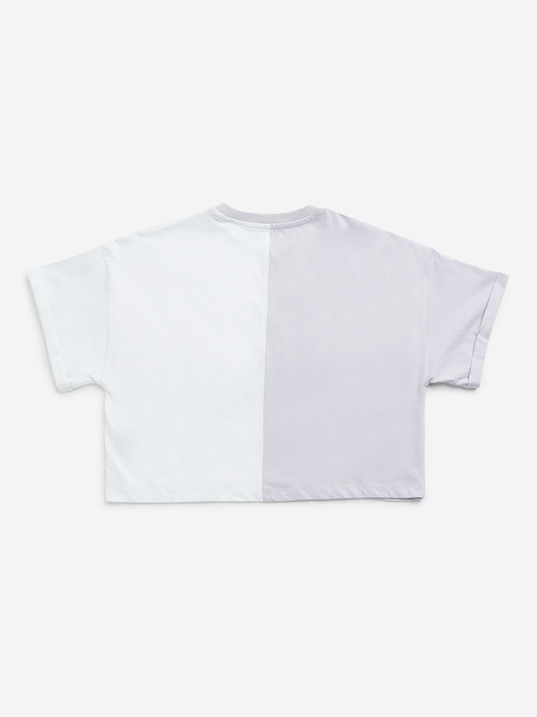 Westside Y&F Girl's Lilac and White Text Design Cotton Crop Top for Casual Wear Back View