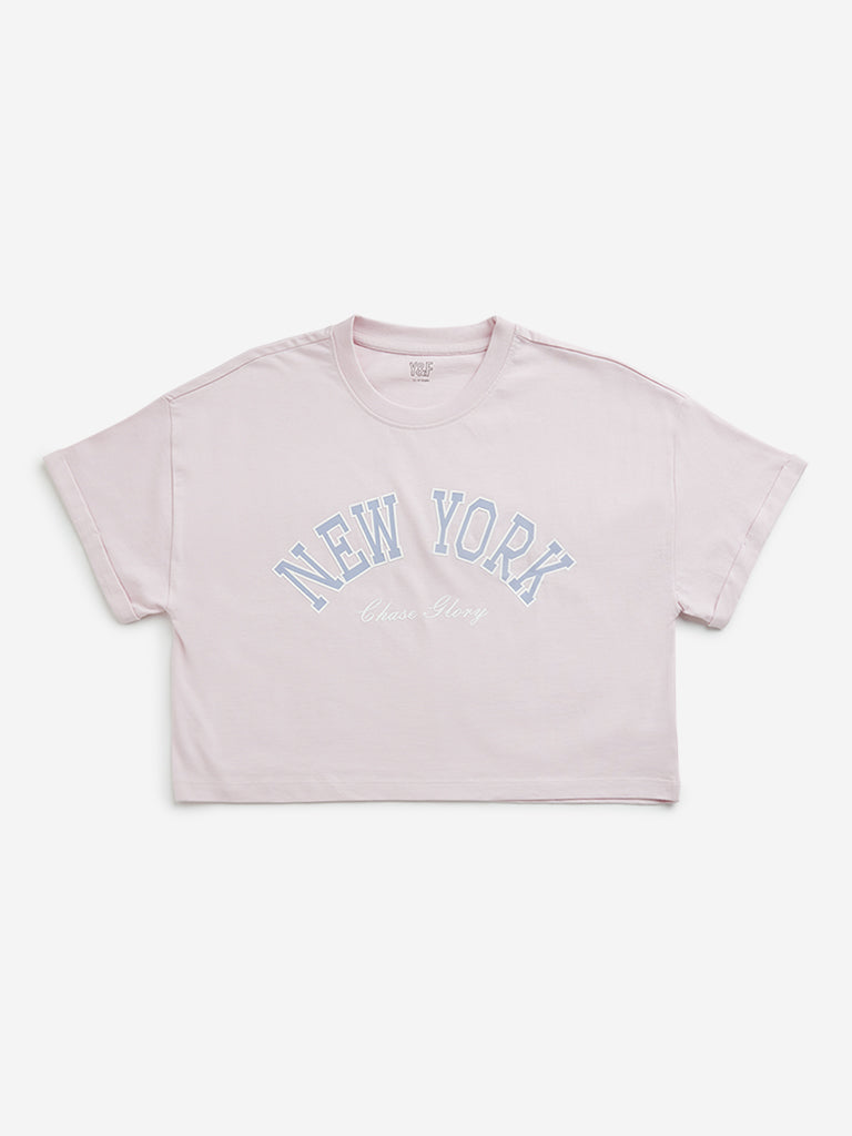 Westside Y&F Girl's Pink Text Design Cropped Cotton T-Shirt for Casual Wear Front View