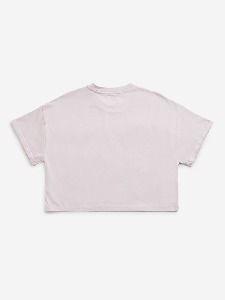 Westside Y&F Girl's Pink Text Design Cropped Cotton T-Shirt for Casual Wear Back View