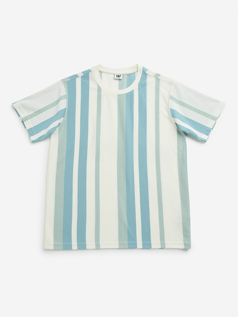 Westside Y&F Boy's Off-White Striped Cotton T-Shirt for Casual Wear Front View