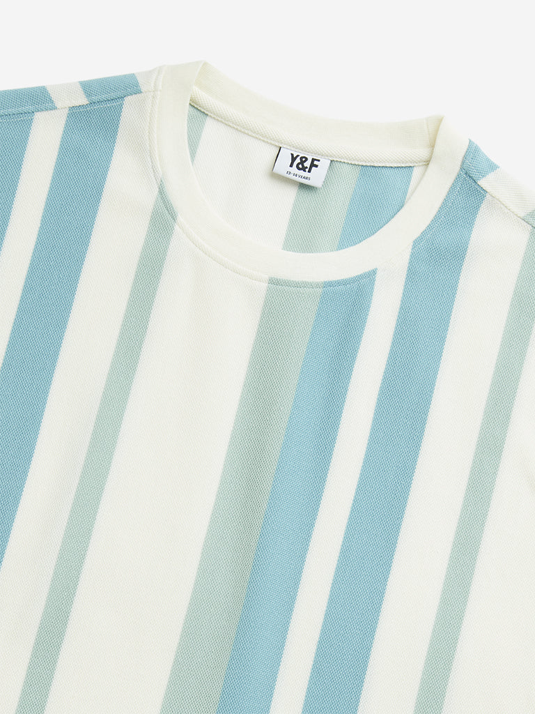 Westside Y&F Boy's Off-White Striped Cotton T-Shirt for Casual Wear Zoomed View