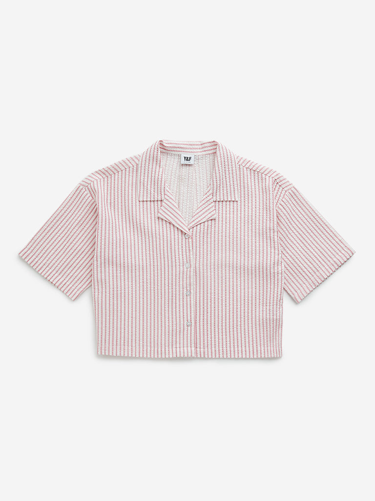 Westside Y&F Girl's Pink Seersucker Striped Cotton Shirt for Casual Wear Front View