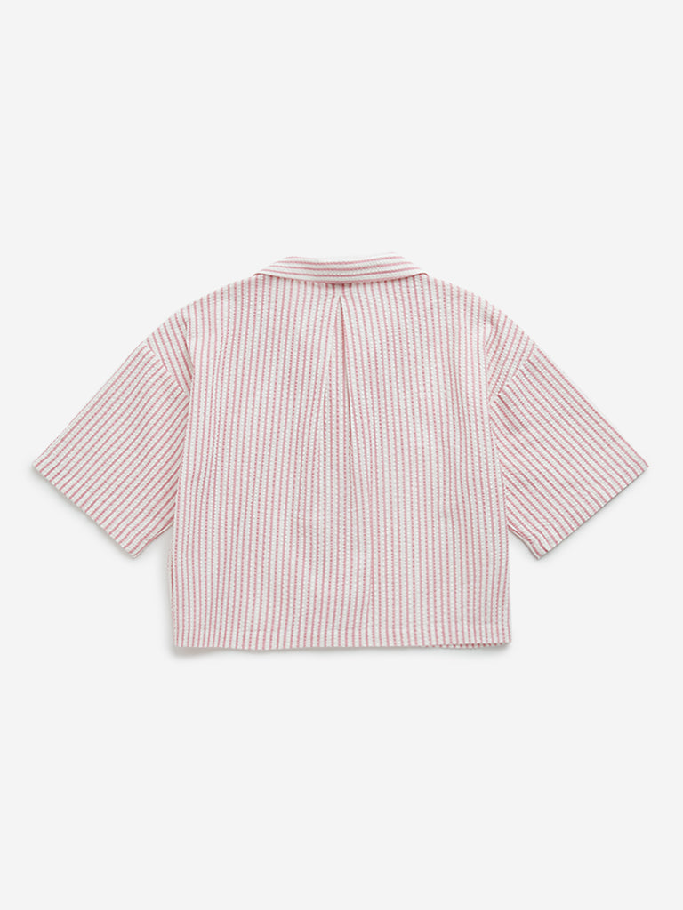 Westside Y&F Girl's Pink Seersucker Striped Cotton Shirt for Casual Wear Back View