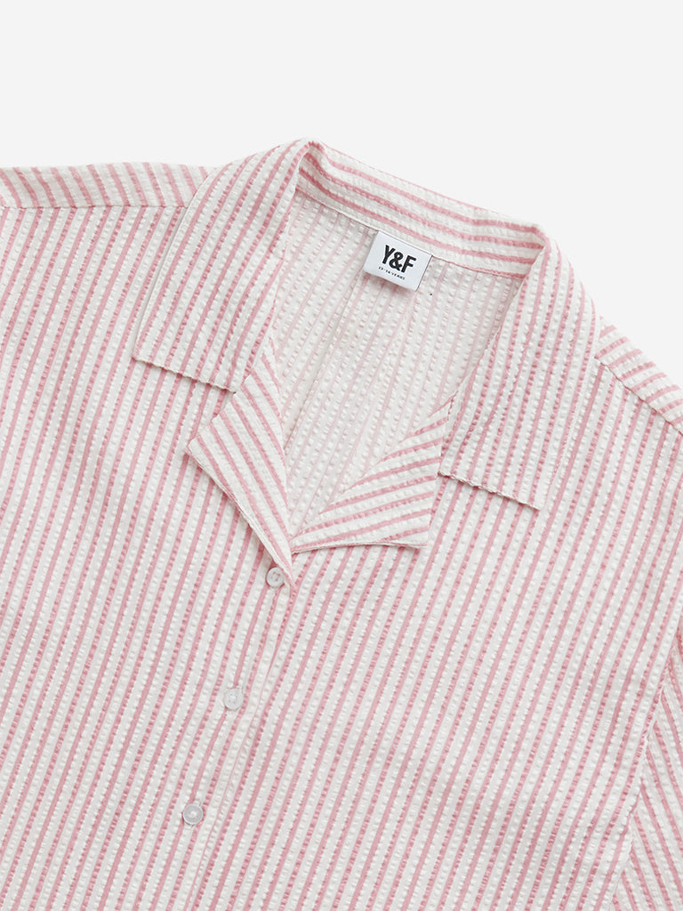 Westside Y&F Girl's Pink Seersucker Striped Cotton Shirt for Casual Wear Zoomed View