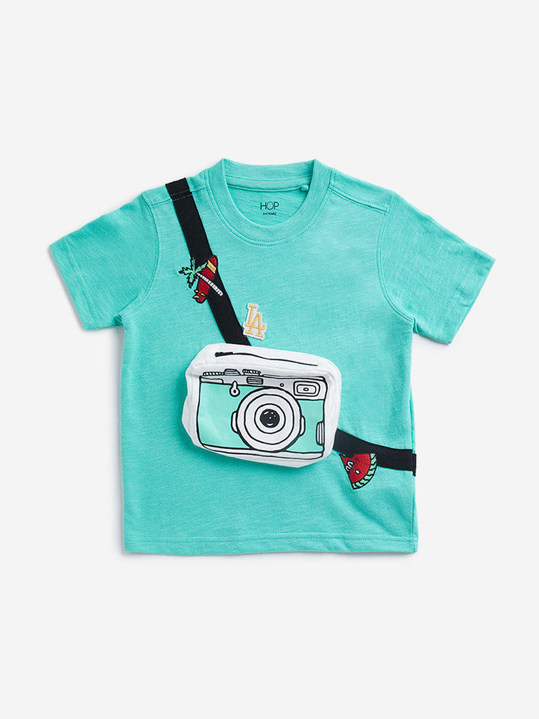 Westside HOP Kids Green Printed Cotton T-Shirt for Casual Wear Front View
