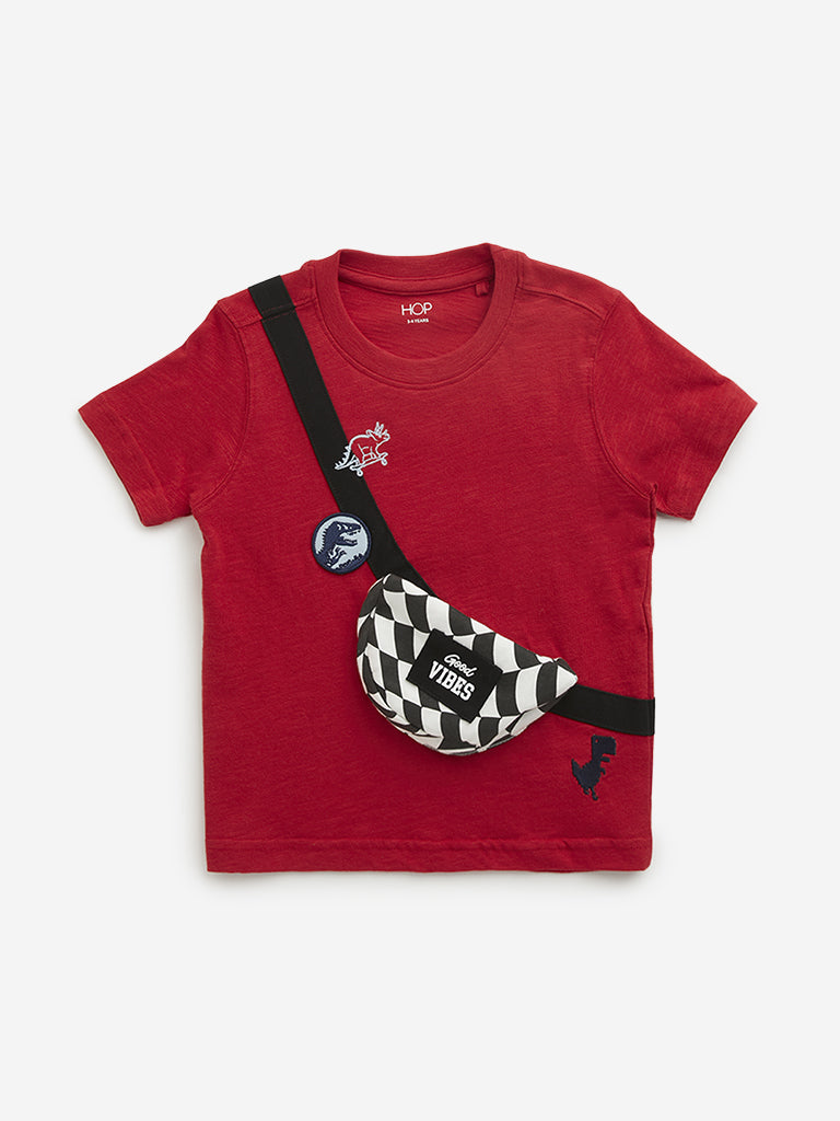 Westside HOP Kids Red Embossed Fanny Pack Cotton T-Shirt for Casual Wear Front View