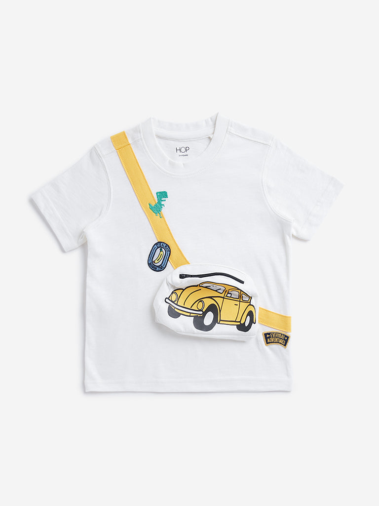 Westside HOP Kids White Car Printed Cotton T-Shirt for Casual Wear Front View