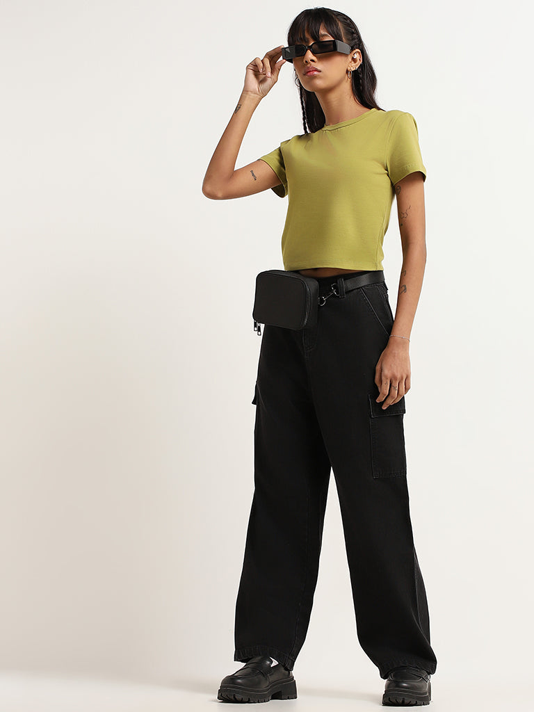 Nuon Solid Green Cotton-Blend Crop T-Shirt