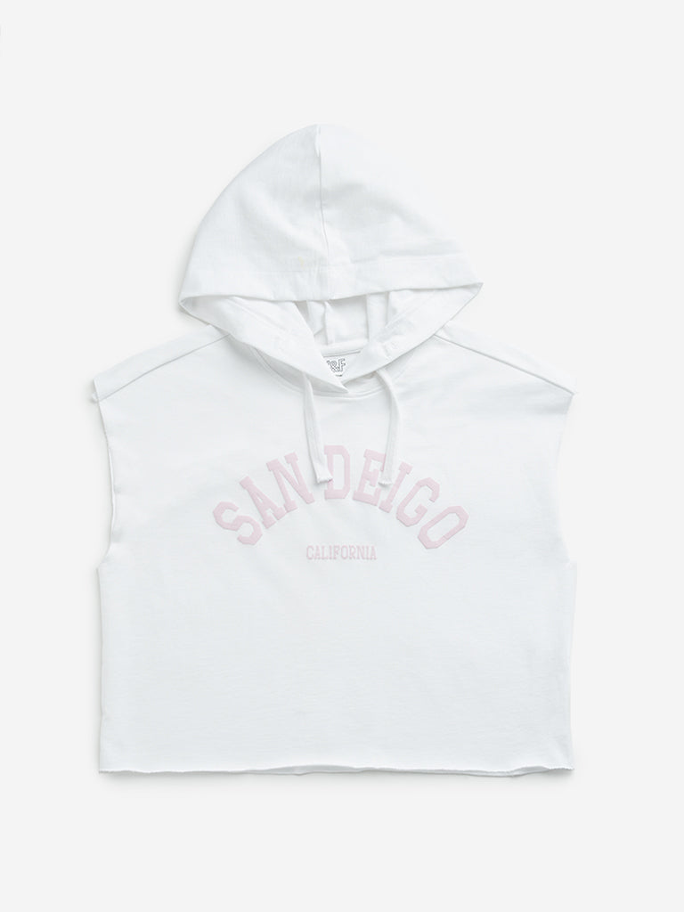 Westside Y&F Girl's White Text Print Hooded Cotton T-Shirt for Casual Wear Front View