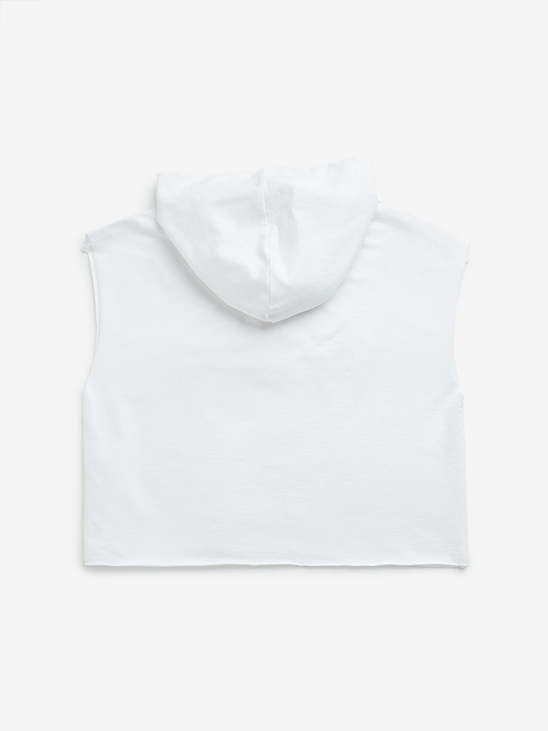 Westside Y&F Girl's White Text Print Hooded Cotton T-Shirt for Casual Wear Back View