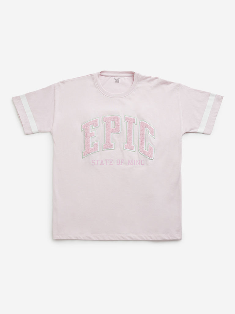 Westside Y&F Girl's Pink Text Embroidered Cotton T-Shirt for Casual Wear Front View