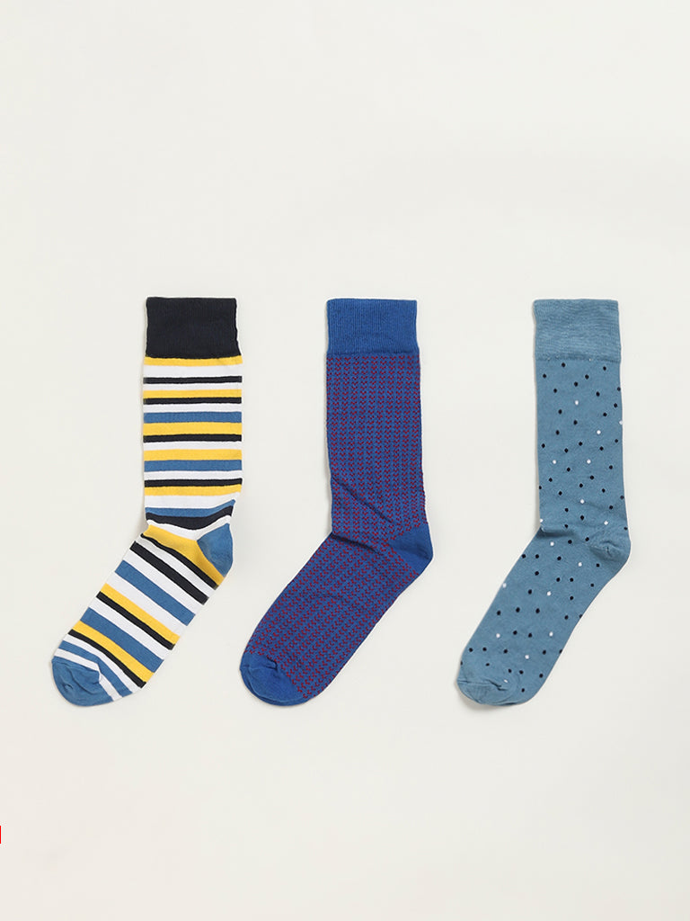Westside WES Lounge Men's Multicolour Printed Cotton-Blend Full Length Socks - Pack of 3 for Casual Wear Color View